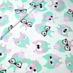 Baumwolle 100% Eulen grau-minze mit Brille auf weißem Hintergrund.  