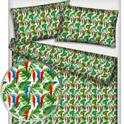 Baumwolle 100% bunte Papageien auf grünen Blättern  