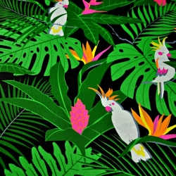 Baumwolle 100% weiße Papageien auf grünen Blättern auf schwarzem Hintergrund  