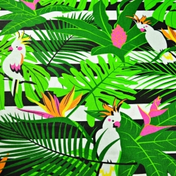 Baumwolle 100% weiße Papageien auf grünen Blättern auf Streifen  