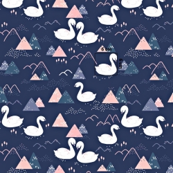 Baumwolle 100% Schwäne und Berge auf dunkelblauem Hintergrund  