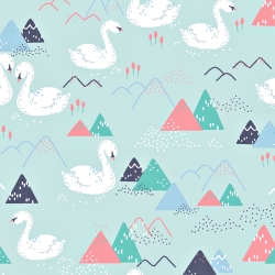 Baumwolle 100% Schwäne und Berge auf mint-blauem Hintergrund  