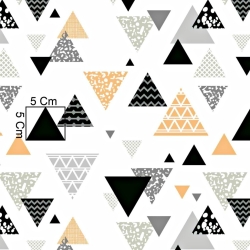 Baumwolle 100% gemusterte Dreiecke grau-orange auf weißem Hintergrund  