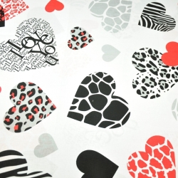 Baumwolle 100% große gemusterte Herzen schwarz-rot auf weißem Hintergrund.  