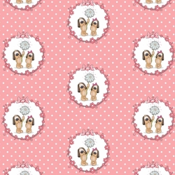 Baumwolle 100% Hunde in Rädern auf rosa gepunktetem Hintergrund  
