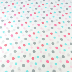 100% Baumwolle Punkte 23mm doppelt rosa-grau-türkis auf weißem Hintergrund  