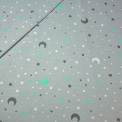 Baumwolle 100% Sterne und Monde grau-minze auf grauem Hintergrund.  