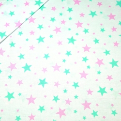 Baumwolle 100% neue kleine und große rosa-mintfarbene Sterne auf weißem Hintergrund  