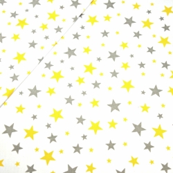 Baumwolle 100% Sterne neu klein grau-gelb auf weißem Hintergrund  