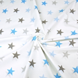 Baumwolle 100% Sterne STARSY grau-blau auf weißem Hintergrund  