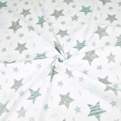 Baumwolle 100% gemusterte Sterne blau-grau auf weißem Hintergrund  