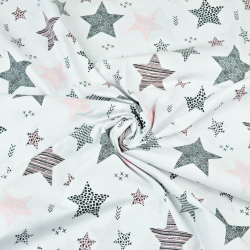 100% Baumwolle Muster Sterne rosa-grau auf weißem Hintergrund  
