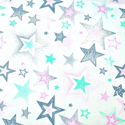 Baumwolle 100% Muster Sterne grau-rosa-minze auf weißem Hintergrund  