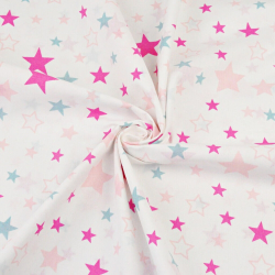 Baumwolle 100% Sternbild rosa-amaranth-blau auf weißem Hintergrund  