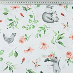 Baumwolle 100% Nilpferde rot-grün mit Vögeln auf einer Wiese auf weißem Hintergrund  