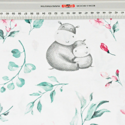 100% Baumwolle Nilpferde rosa-grün mit Vögeln auf der Wiese auf weißem Hintergrund  