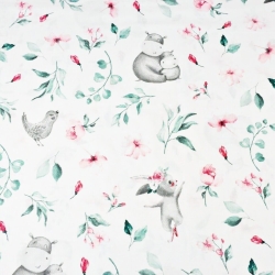 100% Baumwolle Nilpferde rosa-grün mit Vögeln auf der Wiese auf weißem Hintergrund  