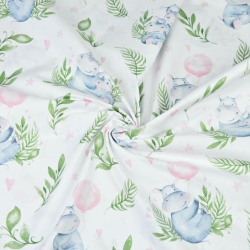 100% Baumwolle - Nilpferde mit rosa Ballons auf weißem Hintergrund  