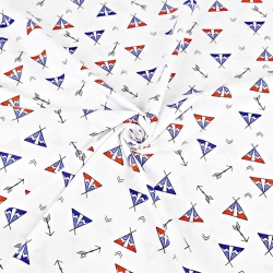 Baumwolle 100% indianische MINI Pfeile und Tipis rot-blau auf weißem Hintergrund  