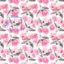 Baumwolle 100% Schwalben in Rosen auf weißem Hintergrund  