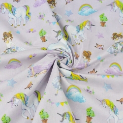 Baumwolle 100% bunte Einhörner mit Prinzessinnen auf helllila Hintergrund  