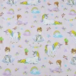 Baumwolle 100% bunte Einhörner mit Prinzessinnen auf helllila Hintergrund  
