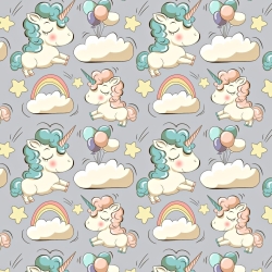 Baumwolle 100% Einhörner mit Luftballons auf grauem Hintergrund  