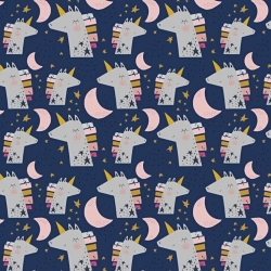 Baumwolle 100% Einhörner mit Monden auf dunkelblauem Hintergrund  