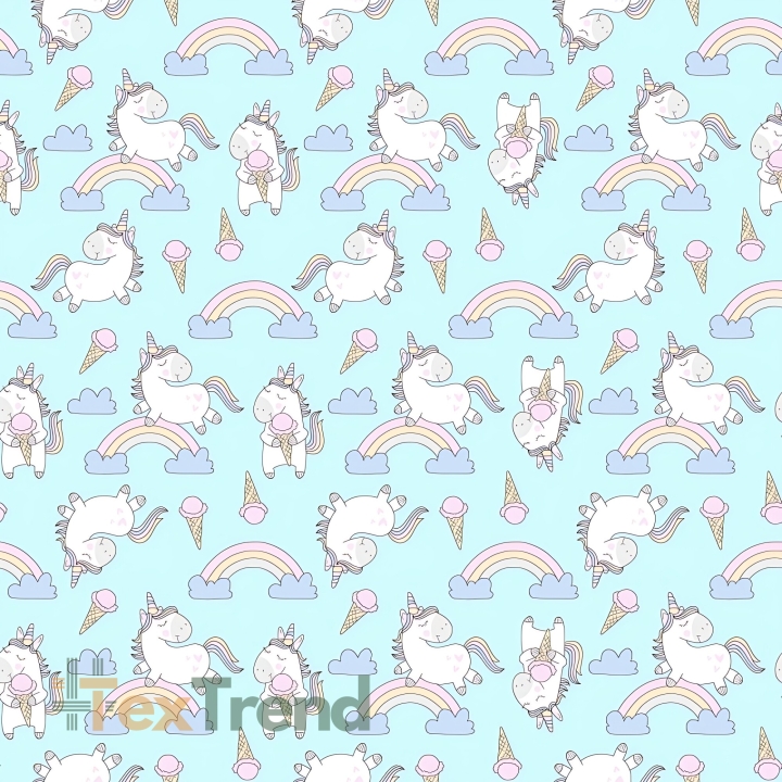 Baumwolle 100% Einhörner mit Eis auf mintfarbenem Hintergrund  