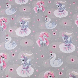 Baumwolle 100% Einhörner mit Schwänen blau-rosa auf grauem Hintergrund  