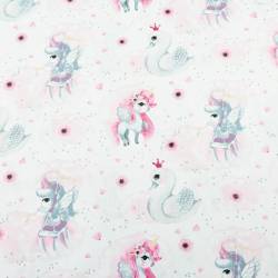 Baumwolle 100% Einhörner mit Schwänen rosa-grau auf weißem Hintergrund  