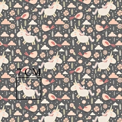 Baumwolle 100% Einhörner mit Vögeln rosa auf dunkelgrauem Hintergrund  