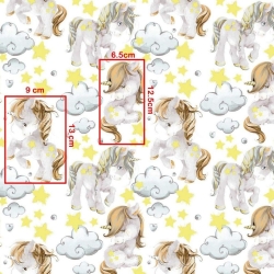 Baumwolle 100% Einhörner mit gelben Sternen auf weißem Hintergrund  