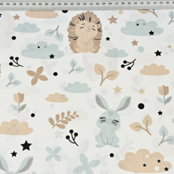 Baumwolle 100% beige Igel mit Kaninchen auf weißem Hintergrund  