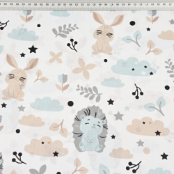 Baumwolle 100% blau-graue Igel mit Kaninchen auf weißem Hintergrund  