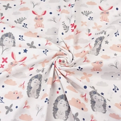 Baumwolle 100% Igel grau mit rosa Hasen auf weißem Hintergrund  