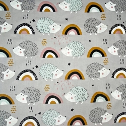 Baumwolle 100% Igel grau-mint mit Regenbogen auf grauem Hintergrund  
