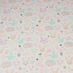 Baumwolle 100% Igel mit Kaninchen auf mint-rosa Wiese  