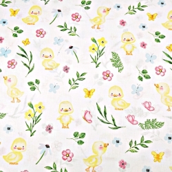 Baumwolle 100% gelbe Entchen mit Blumen auf weißem Hintergrund  