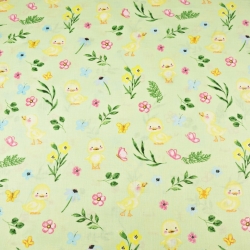 Baumwolle 100% gelbe Entchen mit Blumen auf grünem Hintergrund  