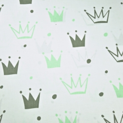 Baumwolle 100% Kronen mit Punkten grau-grün auf weißem Hintergrund  