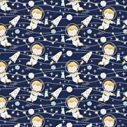 Baumwolle 100% Astronauten mit Raketen auf dunkelblauem Hintergrund  