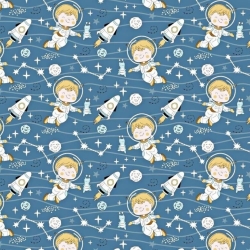 Baumwolle 100% Astronauten mit Raketen auf jeansblauem Hintergrund  