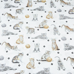 Baumwolle 100% beige-weiße Katzen auf weißem Hintergrund  