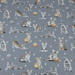 Baumwolle 100% beige-weiße Katzen auf dunkelgrauem Hintergrund  