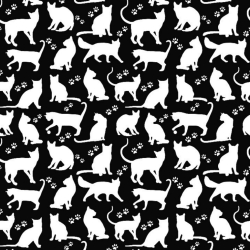 Baumwolle 100% Katzen Umrisse weiß auf schwarzem Hintergrund  