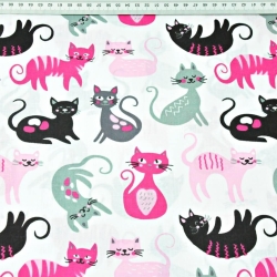 Baumwolle 100% rosa-graue Kätzchen auf weißem Hintergrund  