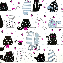 Baumwolle 100% verrückte Kätzchen in Streifen mit Amaranth auf weißem Hintergrund  