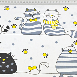 Baumwolle 100% verrückte Katzen in Streifen mit gelb auf weißem Hintergrund  