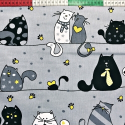 Baumwolle 100% Katzen verrückt in Streifen mit gelb auf grauem Hintergrund  